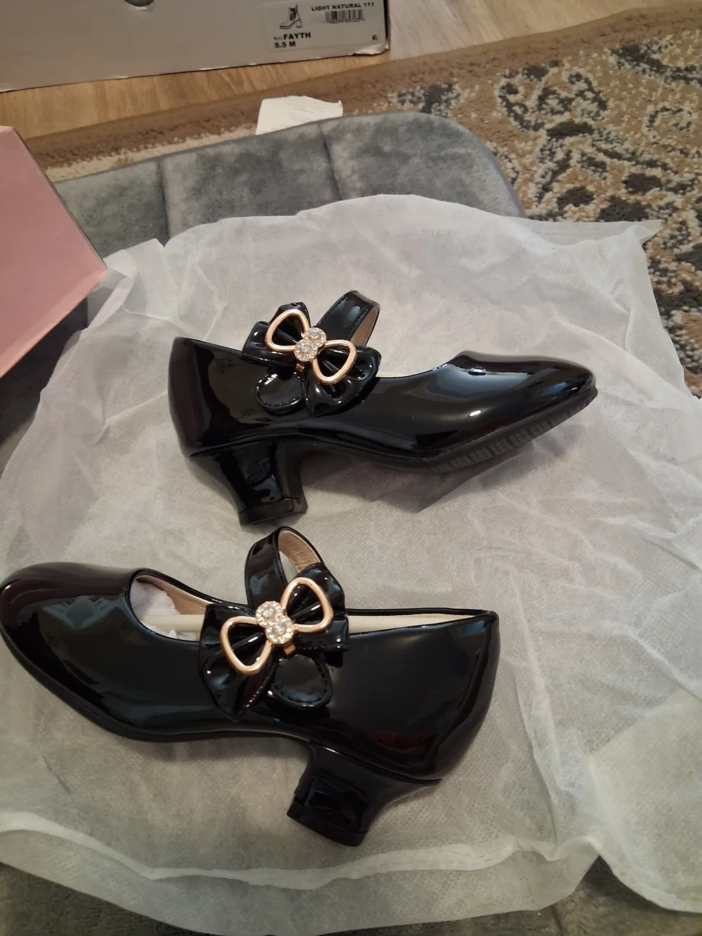 Eithy Black Patent Mary Jane Shoes W/Gold Bow Rhinestone US SIZE 9